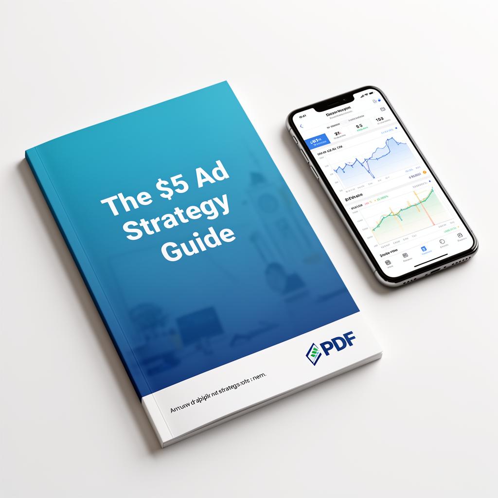 The $5 Ad Strategy Guide PDF mockup next to a phone showing ad analytics