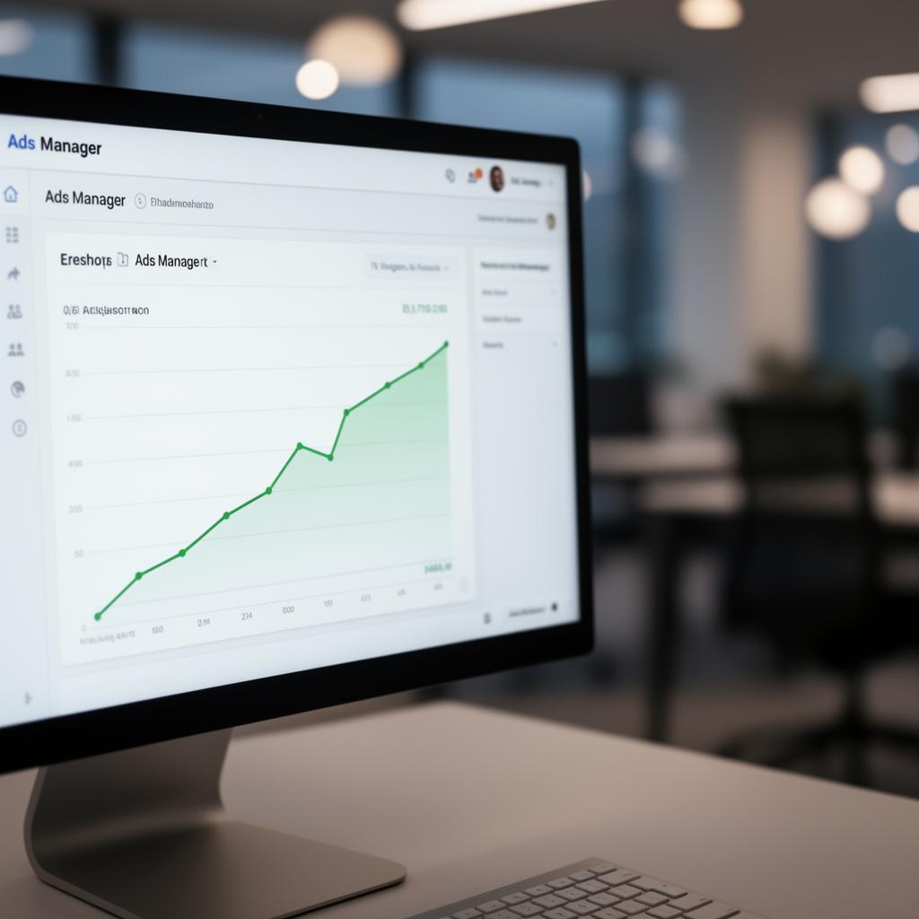 Ads manager dashboard showing an upward trending campaign performance chart